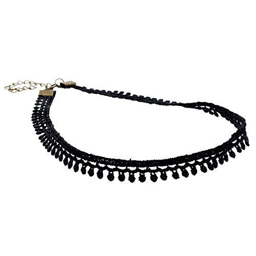 Black Velvet Choker Necklace with Lace Trim Design - Pop Fashion (Dainty Round Trim Lace Chocker) - Pop Fashion