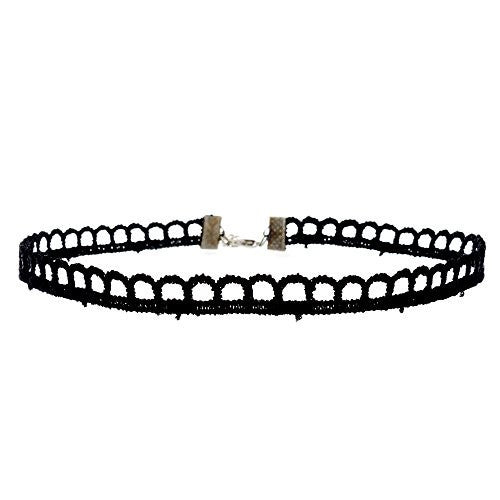 Black Velvet Choker Necklace with Lace Trim Design - Pop Fashion (Scalloped Trim Lace Choker) - Pop Fashion