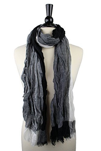Pop Fashion Women's Long Tissue Scarf with Frayed Design and Scrunch Texture (Black, White, Grey)