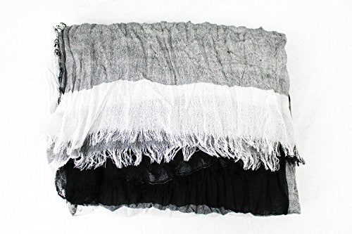 Pop Fashion Women's Long Tissue Scarf with Frayed Design and Scrunch Texture (Black, White, Grey) - Pop Fashion