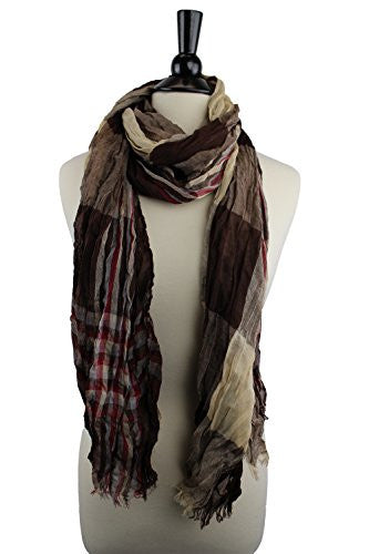 Pop Fashion Women's Long Tissue Scarf with Frayed Design and Scrunch Texture (Tan, Brown, Red)