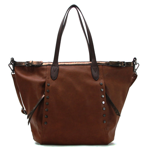 Studded Evening Tote with Adjustable Strap - Dark Brown