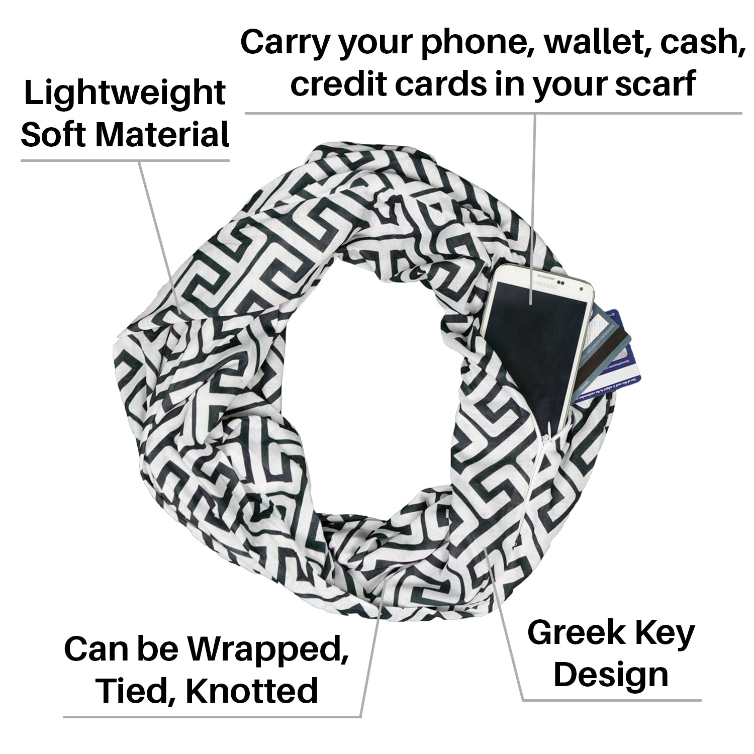 Pop Fashion Women's Infinity Pocket Scarf with Zipper Pocket, Greek Key Scarf Design, Infinity Scarves - Pop Fashion