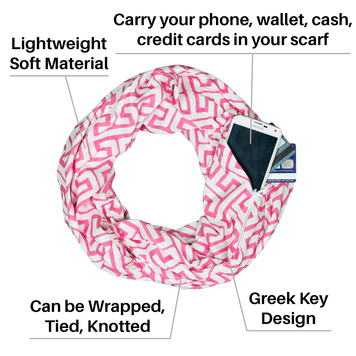 Pop Fashion Women's Infinity Pocket Scarf with Zipper Pocket, Greek Key Scarf Design, Infinity Scarves - Pop Fashion